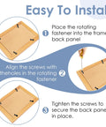 100 pcs metal picture frame turn-button fasteners with screws; wooden back panels and installation steps shown in infographic