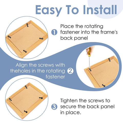 100 pcs metal picture frame turn-button fasteners with screws; wooden back panels and installation steps shown in infographic