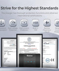 Certification details and protection features of the Road Warrior 50 Amp DC to DC MPPT Battery Charger 12 Volt system.
