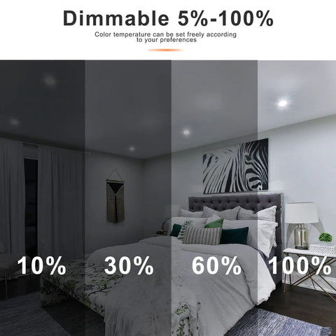 Bedroom lighting demonstration with Six Pack 5 Inch Recessed LED Downlights showcasing dimmable range from 10% to 100% brightness.