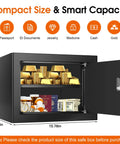 Open 1.3 Cu Ft fireproof safe box with key lock showing cash, jewelry, passports, meds inside for home and office security.