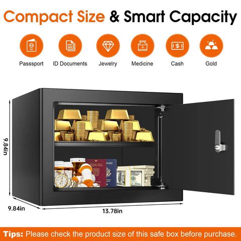 Open 1.3 Cu Ft fireproof safe box with key lock showing cash, jewelry, passports, meds inside for home and office security.