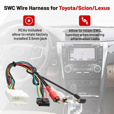 Steering Wheel Control Wire Harness With RCA 20-Pin Connector For Toyota Camry 2003-2011, Highlander 2004-2012, Lexus ES330 2002-2003, GX470 2003-2009 Retains OEM SWC For Aftermarket Radio, Plug And Play shown with RCA jacks and connectors