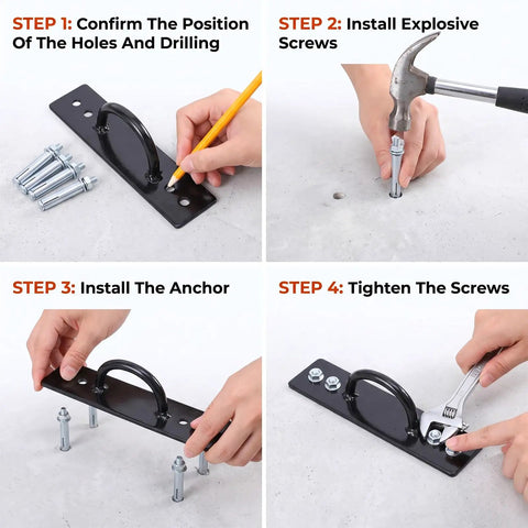 Installation steps for Heavy Duty Battle Rope Anchor Wall Mount Kit with iron brackets and bolts for gym use.