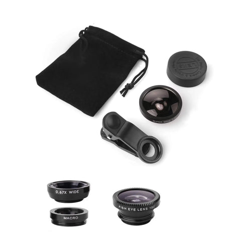 3 In 1 Clip On Phone Lens Kit With 180 Degree Fish Eye, 0.65x Wide Angle And 10x Macro, universal HD camera lens set with pouch
