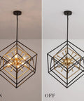 Six Light Geometric Farmhouse Chandelier with Adjustable Height, Modern Minimalist Ceiling Light Fixture, black and vintage copper, on and off