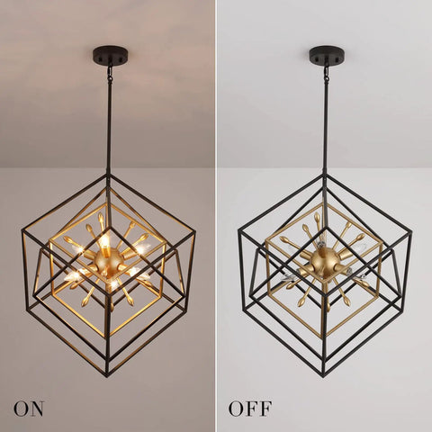 Six Light Geometric Farmhouse Chandelier with Adjustable Height, Modern Minimalist Ceiling Light Fixture, black and vintage copper, on and off