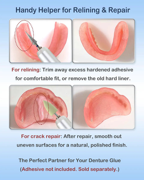 High Speed USB C Corded Polishing Kit For Acrylic Bases And Reline Materials, demonstrating denture relining and crack repair.