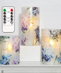 Blue Violet Hydrangea Flameless Candles Set With LED Flicker And Remote Dim, Battery Operated Wax Candles For Romantic Dinner Date Night