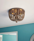 Boho Beaded Flush Mount Light 3 Light Ceiling Fixture With Gray Wood Beads And Golden Bronze Finish 16 Inch Diameter 11 Inch Height