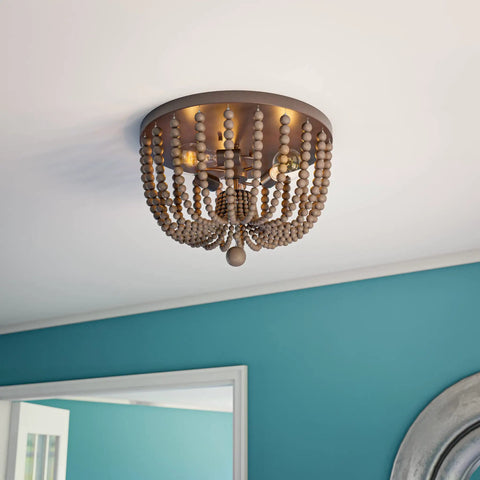 Boho Beaded Flush Mount Light 3 Light Ceiling Fixture With Gray Wood Beads And Golden Bronze Finish 16 Inch Diameter 11 Inch Height