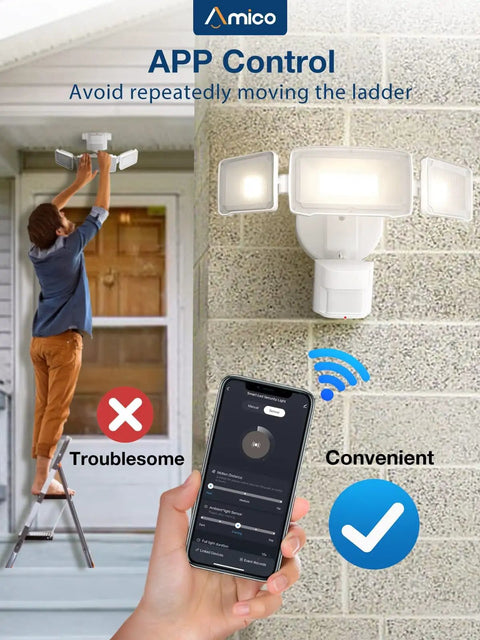 Smart Outdoor LED Flood Light With Motion Sensor, 40W, 4000LM, app-controlled via WiFi shown with mobile device