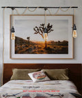 Three Light Hemp Rope Plug In Pendant Light With Woven Rattan Shade And Adjustable Cord Switch For Rustic Farmhouse Decor above a bed