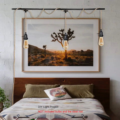 Three Light Hemp Rope Plug In Pendant Light With Woven Rattan Shade And Adjustable Cord Switch For Rustic Farmhouse Decor above a bed