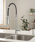 Precept Pull Down Kitchen Faucet With PowerInse Sprayer Chrome Finish 3 Function Spray Fits 1 Or 3 Hole Installations on modern sink
