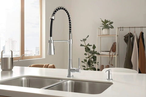 Precept Pull Down Kitchen Faucet With PowerInse Sprayer Chrome Finish 3 Function Spray Fits 1 Or 3 Hole Installations on modern sink