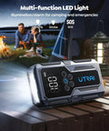 Jump Starter With Air Compressor 4000A Peak Portable Car Battery Booster 150 PSI Tire Inflator 18W Fast Charge Emergency Light 12V Jump Box For 8.5L Gas And 6.5L Diesel Engines Includes Storage Case, shown with multifunction LED light in camping setup.