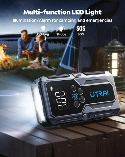 Jump Starter With Air Compressor 4000A Peak Portable Car Battery Booster 150 PSI Tire Inflator 18W Fast Charge Emergency Light 12V Jump Box For 8.5L Gas And 6.5L Diesel Engines Includes Storage Case, shown with multifunction LED light in camping setup.