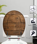 Round Overhead view brown wooden table Toilet Seat showcasing sturdy resin and metal hinges in a modern bathroom setting.