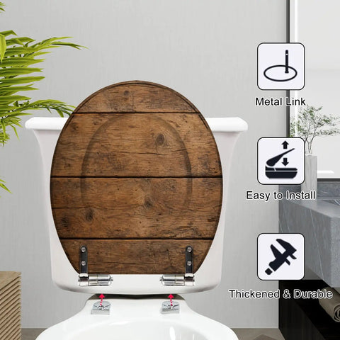 Round Overhead view brown wooden table Toilet Seat showcasing sturdy resin and metal hinges in a modern bathroom setting.