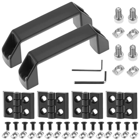 Two Pack 2020 Series Door Handle And Frame Hinges Install Kit For 2020 Aluminum Extrusion Profile 6mm Slot With 90mm Handles Includes Zinc Alloy Hinges Aluminum Handles T Nuts Screws Wrench DIY Friendly For Pro Projects, displayed with all components