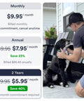 Pricing plans for Dope Dog GPS Tracker with a man fitting a collar on a dog outdoors, showcasing subscription options.