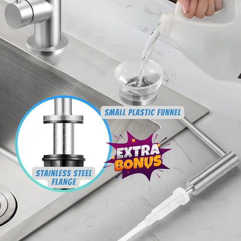 Long Spout Kitchen Soap Dispenser For Granite And Quartz Countertops In Brushed Nickel Stainless Steel Finish With Wide Flange shown with funnel for refilling
