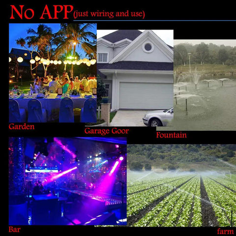 Collage depicting uses of High Power Wireless Remote Relay Switch For 12V And 24V Systems With 40A Load, in gardens, garages, fountains.