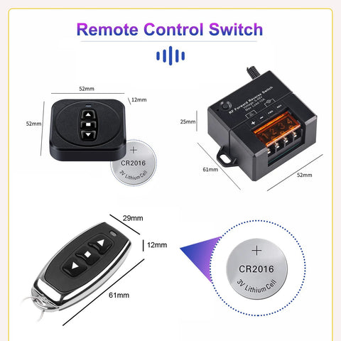 SRDKG 12V forward/reverse remote switch with wireless remote and receiver module; includes CR2016 coin cell