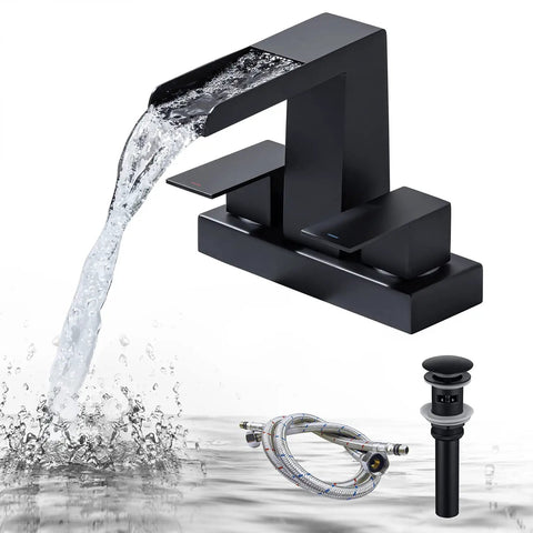 4 Inch Centerset Vanity Sink Faucet With Dual Handle Waterfall Spout Three Hole Basin Mixer Dope Matte Black Finish With Overflow Pop Up Drain Easy Install Bathroom Tap For Modern Bathrooms, showing water flow and included accessories