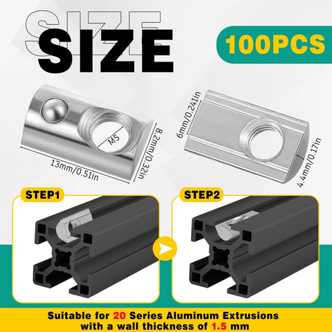 M5 T-nuts for aluminum extrusion, 100 pcs, silver carbon steel, 2020 series, half-roll