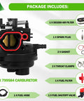 Carburetor Kit 799584 for Briggs and Stratton and Troy Bilt lawn mowers with air filter, spark plug, and gaskets shown