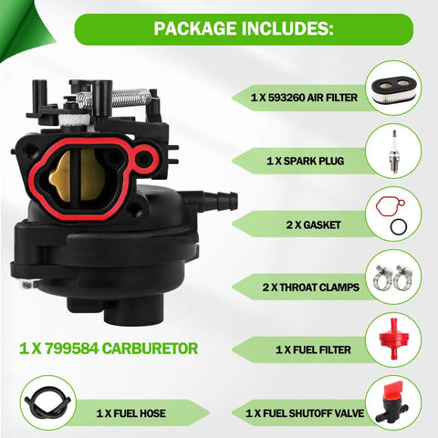 Carburetor Kit 799584 for Briggs and Stratton and Troy Bilt lawn mowers with air filter, spark plug, and gaskets shown