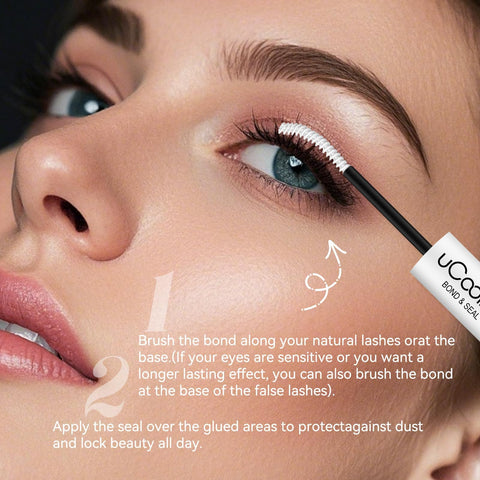 Application of All Day Waterproof Lash Bond And Seal Eyelash Glue 10ml for DIY Extensions on woman's eyelash line, close-up.