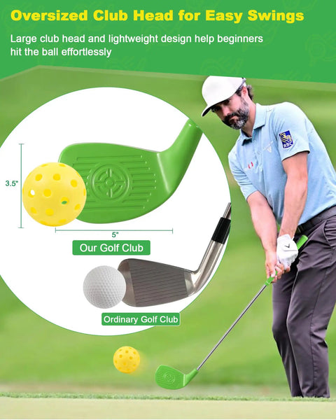Demonstration of Backyard Golf Game Set For Adults, 2 Portable 36 Inch Clubs With Oversized Plastic Heads for easy play.