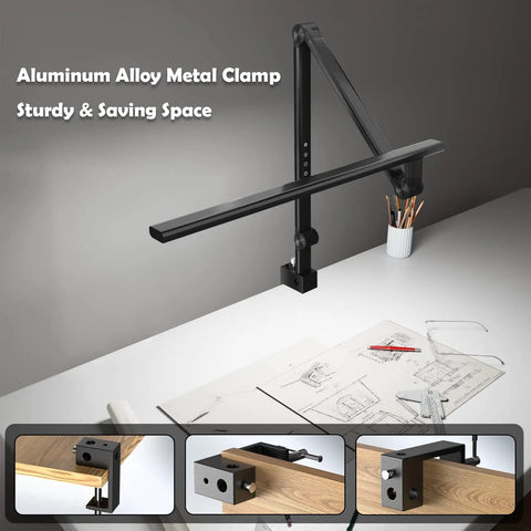 LED Desk Lamp With Clamp For Home Office on desk, aluminum clamp, showing dual light source and structure, 1600 lumens focus