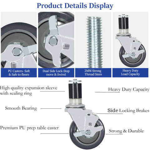Heavy Duty Prep Table Casters With Locking Brake Set Of Four 4 Inch Expanding Stem Wheels For Commercial Kitchen And Workbench Tube Legs, close-up of locking brake and thread stem.