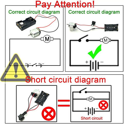 Correct and incorrect circuit diagrams for six direct current motors included in a six set motor kit for kids with 159 pieces for DIY STEM projects.