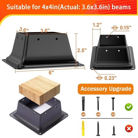Heavy Duty 4x4 Post Base Set 10 Pack Internal 3.58x3.58 Inch Steel Brackets Tough As Nails Powder Coated Black Fits Standard Wood Posts Deck Porch Support
