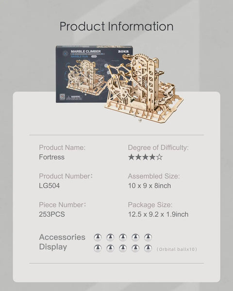 Fortress Tower Marble Run Puzzle Kit With Interlocking Gear Mechanics 3D Wooden Coaster on product information display