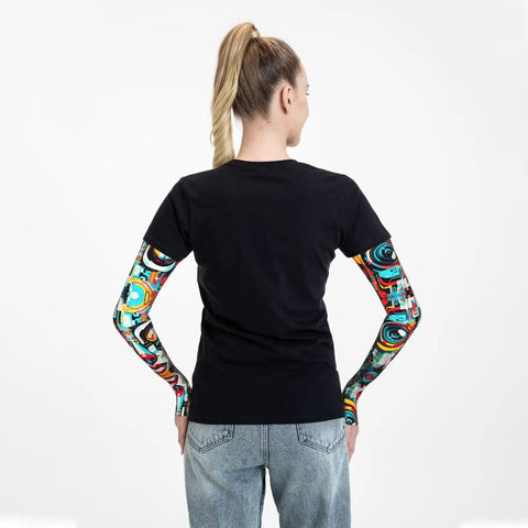 Fresh Ride Out Ice Silk Arm Sleeves Boasting Fly Mechanical Face Prints For Solid Sun Defense And Road Burn Guard Ultra Lightweight Airy Stretch Fit Daily Commuting Cycling Gear worn by a woman from the back.