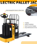Heavy Duty Electric Pallet Jack Rider Packs Killer Six Thousand Six Hundred Pound Grip and rock solid stand on base with a zippy two point two kilowatt motor.