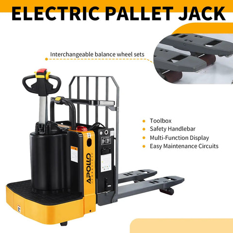 Heavy Duty Electric Pallet Jack Rider Packs Killer Six Thousand Six Hundred Pound Grip and rock solid stand on base with a zippy two point two kilowatt motor.
