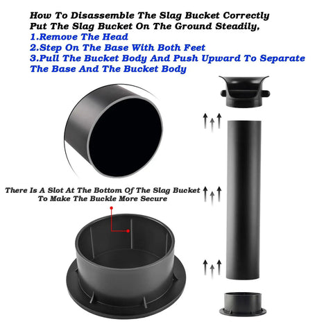 Instructions for disassembling the Slick Black Espresso Dump Bin, Detachable Vertical Coffee Grounds Bucket with slotted base.
