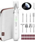 Cordless Electric Nail File Drill With Rugged 2000 Mah Battery And Bright Led Lamp, includes ten grinding heads and a carrying case.