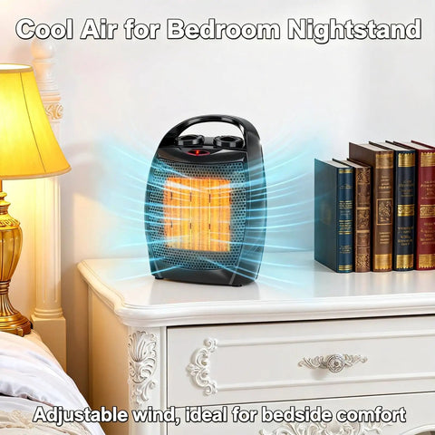 Portable Electric Space Heater That Is 2 In 1 Desk Heater And Fan on bedroom nightstand