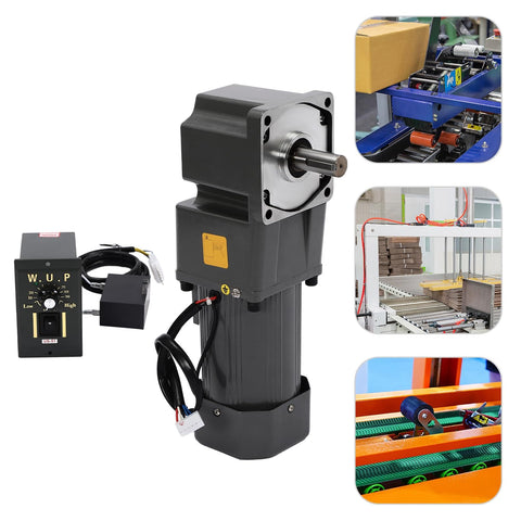 110V 200W AC gear motor with variable speed controller, beefy torque gear reducer, 90 degree right angle output, 45 RPM, heavy duty steel gearbox for industrial automation and DIY projects.