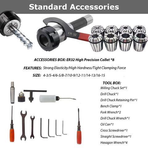 Real Deal 5.5 By 20 Inch Benchtop Mill Drill Press Featuring Hardcore 600W Brushless Spindle with ER32 collet accessories set.