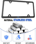 Top Shelf Real Carbon Fiber License Plate Frame With Heavy Duty Stainless Steel Core And High Gloss UV Coating showing material details.