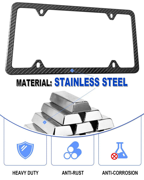 Top Shelf Real Carbon Fiber License Plate Frame With Heavy Duty Stainless Steel Core And High Gloss UV Coating showing material details.